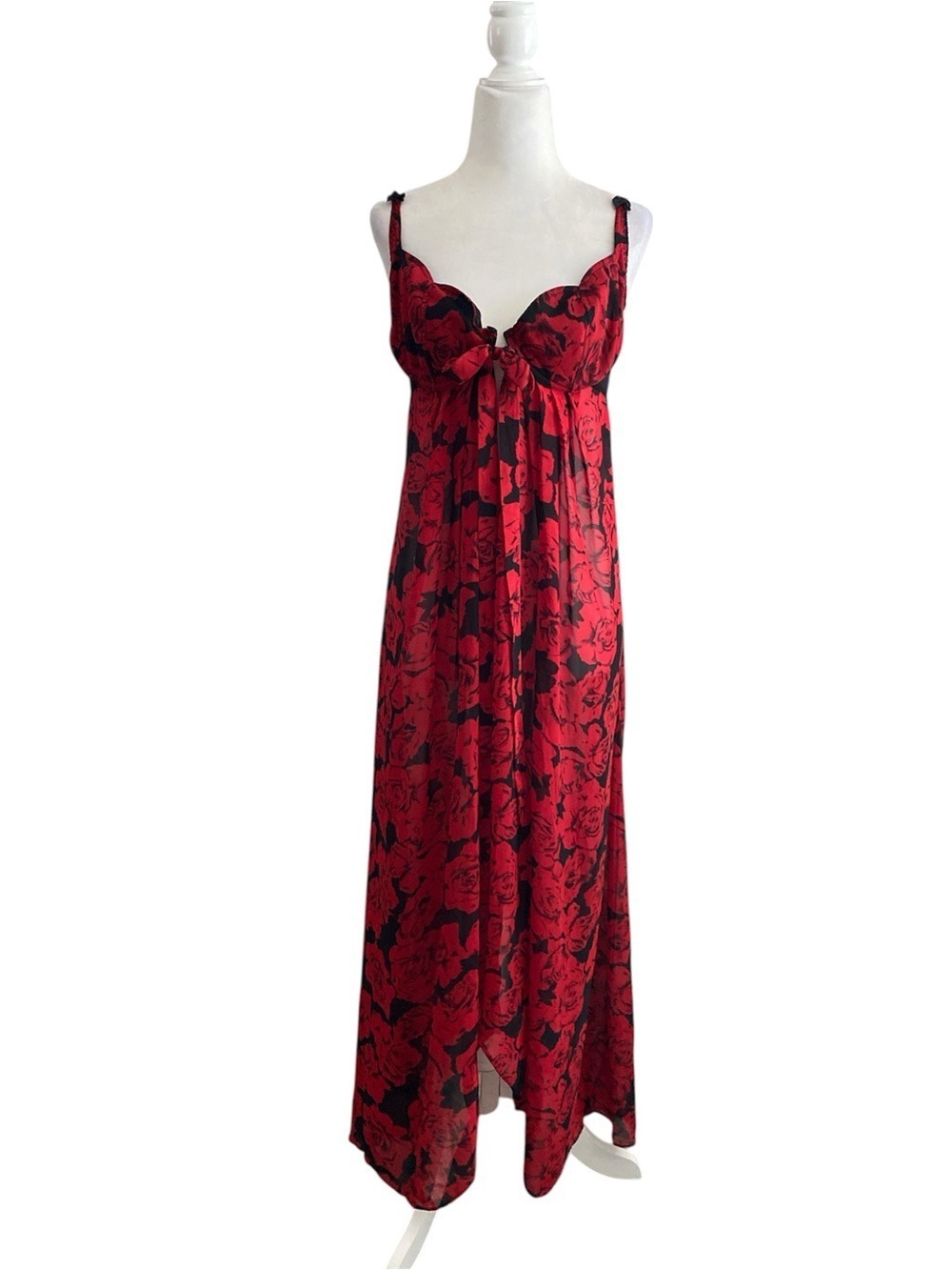 Victoria's Secret vintage chiffon sheer Red & Black Floral Long Nightgown